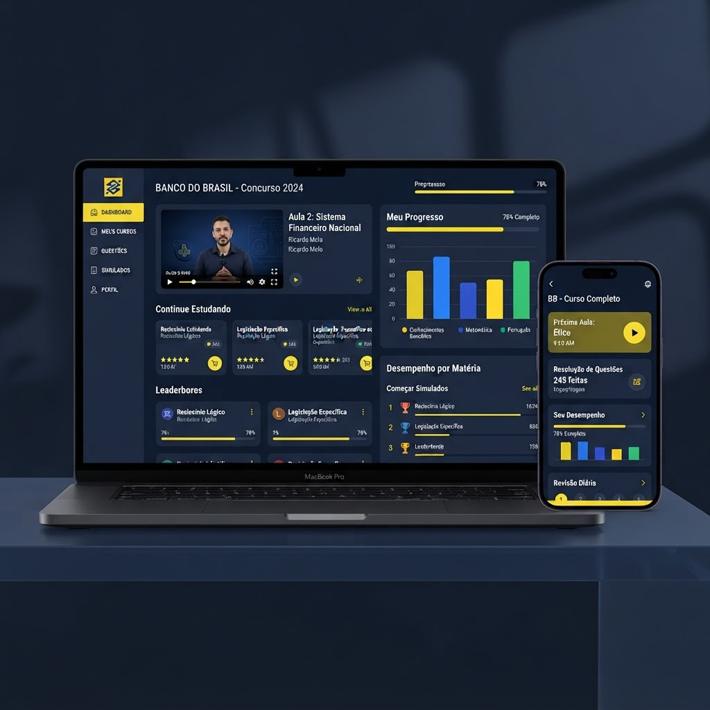 Plataforma de estudos para o concurso do Banco do Brasil em notebook e celular